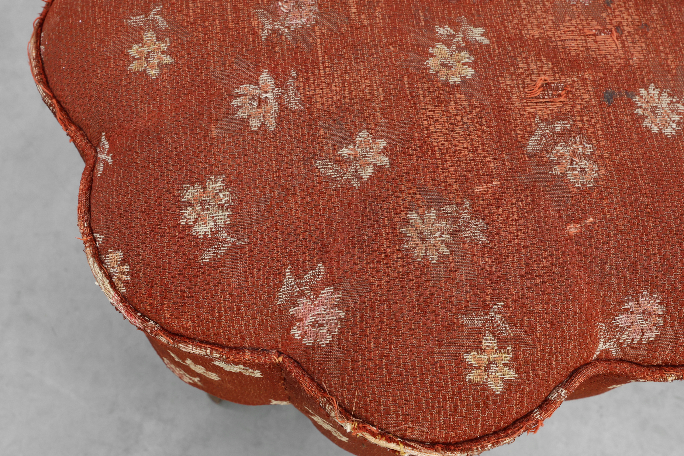 Art deco stool with curved legs and flower form seat with original upholstery, France 1920sthumbnail